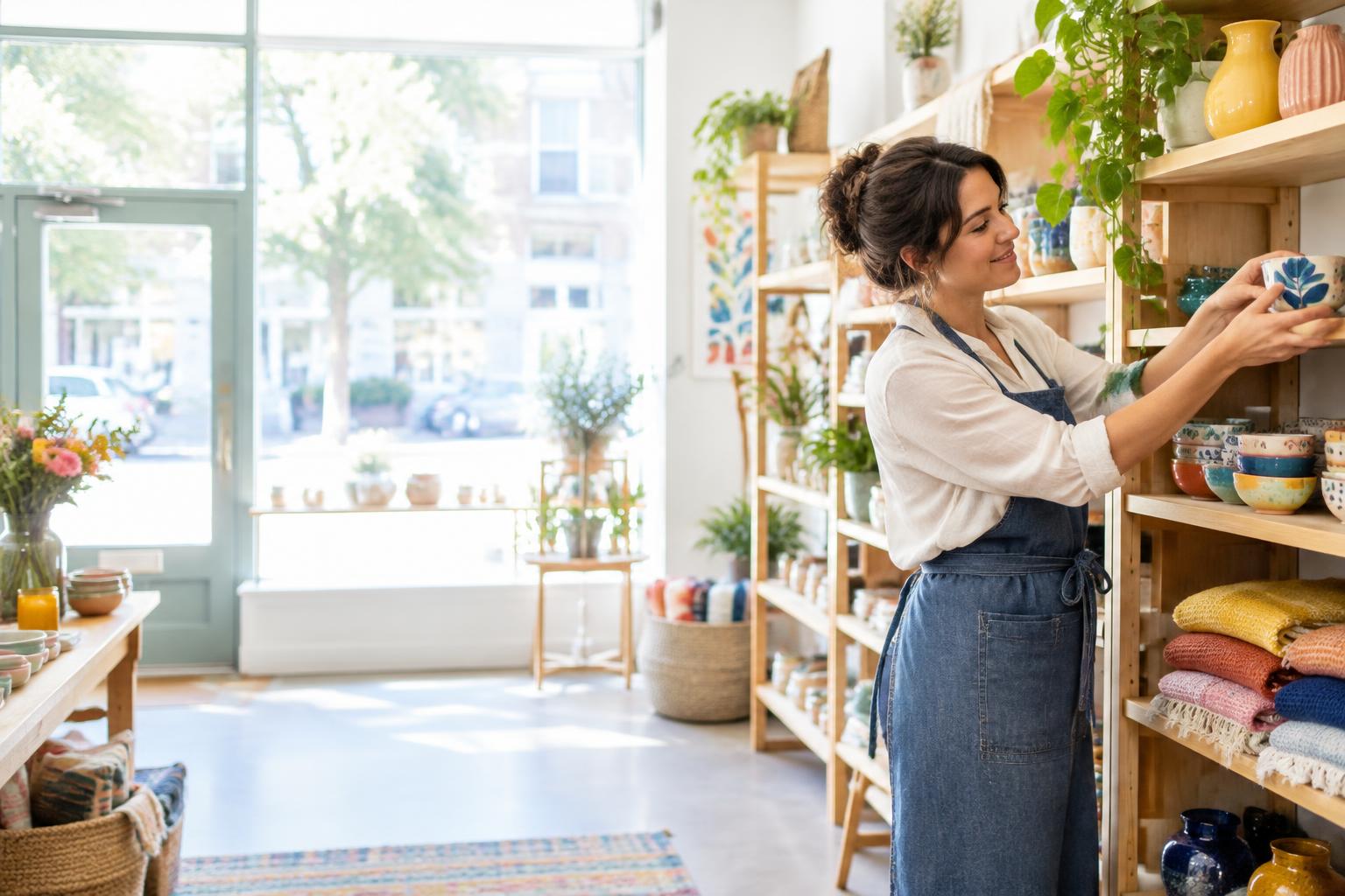 Independent shop owner arranging homewares on shelves